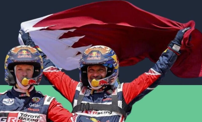 Nasser al-Attiyah et son co-pilote Mathieu-Baumelle célébrant leur victoire.