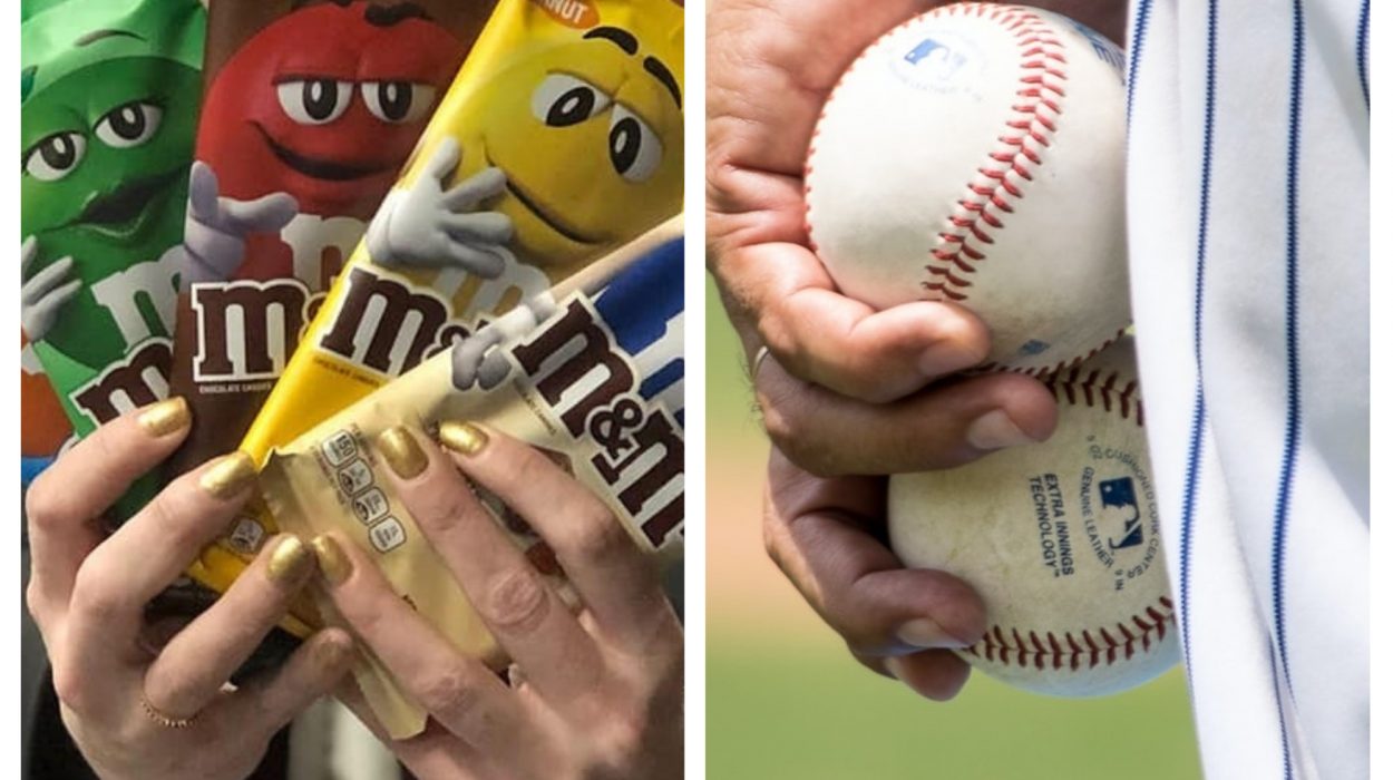 Photomontage de M&M produit phare de Mars Wrigley et un joueur de baseball.