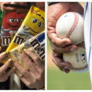 Photomontage de M&M produit phare de Mars Wrigley et un joueur de baseball.