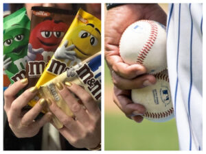 Photomontage de M&M produit phare de Mars Wrigley et un joueur de baseball.