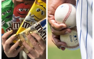 Photomontage de M&M produit phare de Mars Wrigley et un joueur de baseball.