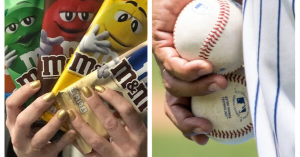 Photomontage de M&M produit phare de Mars Wrigley et un joueur de baseball.