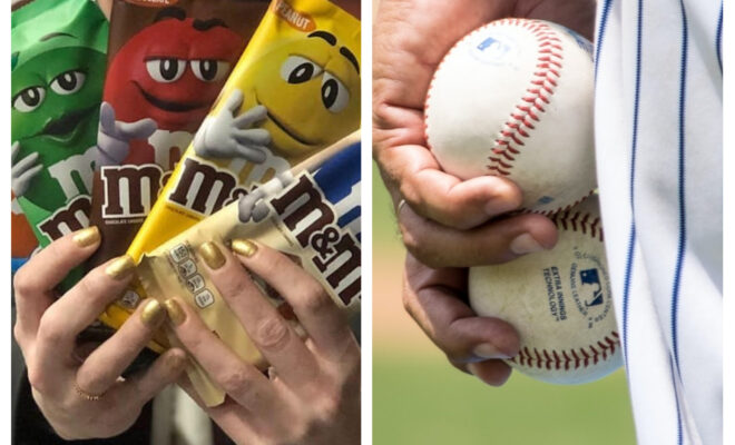 Photomontage de M&M produit phare de Mars Wrigley et un joueur de baseball.