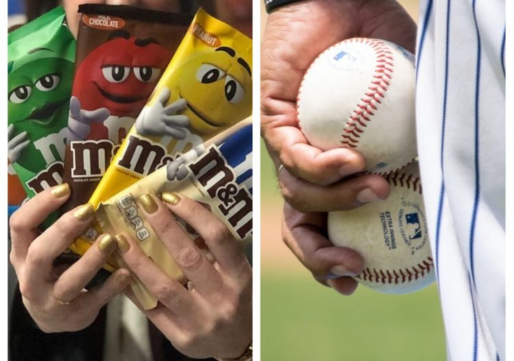 Photomontage de M&M produit phare de Mars Wrigley et un joueur de baseball.